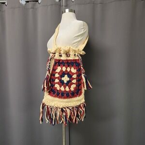 Handmade‎ Crochet Shoulder Bag Red Cream Blue Granny Square Fringe Boho One Size